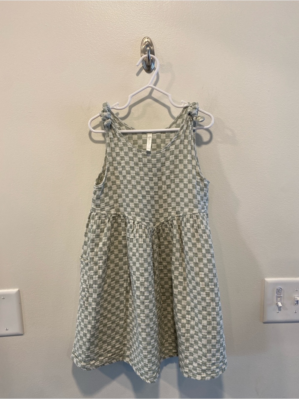 Rylee + Cru Summer Dress girls size 8-9 sage check linen cotton pockets